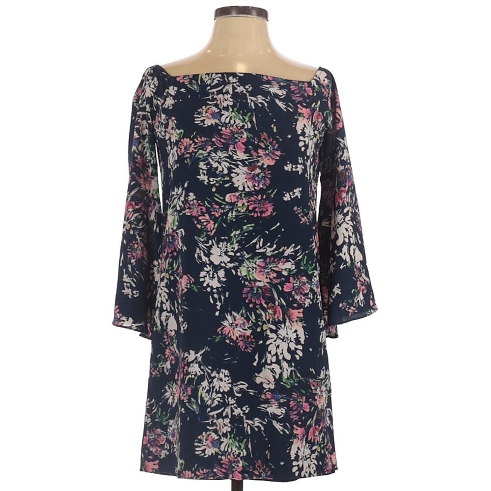 EUC Aqua Casual Navy Floral Dress Size XS Square Neckline Fully Lined Bell Sleev